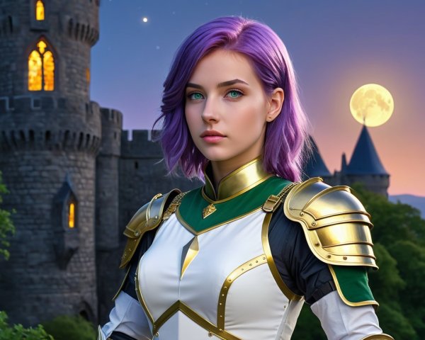 Purple-Haired Woman in Armor with Castle Background