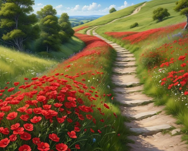 Tranquil Landscape with Winding Pathway and Wildflowers