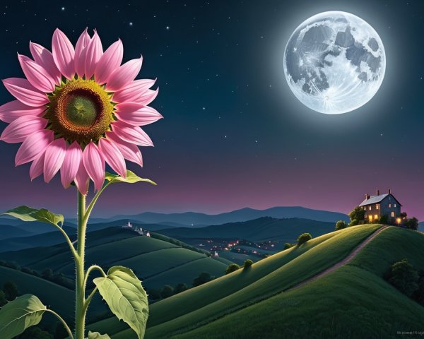 Pink Sunflower in Serene Night Landscape with Moonlight