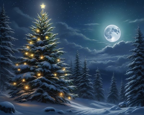 Decorated Christmas Tree in a Winter Night Scene