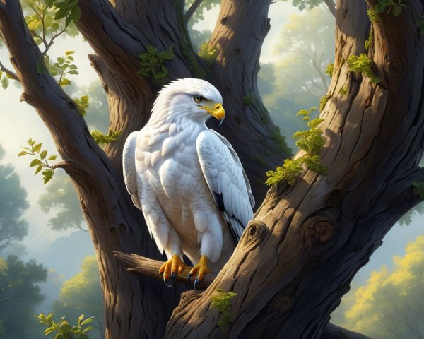 White Eagle on a Gnarled Tree Branch in Greenery