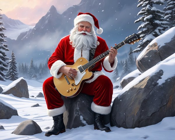Santa Claus Playing Electric Guitar in Snowy Landscape