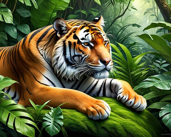 Tiger Resting on Mossy Rock in Lush Greenery