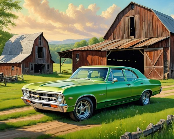 Classic Green Sedan by Red Barn in Pastoral Setting