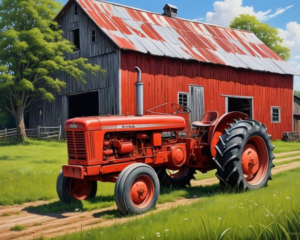 Vibrant Red Tractor by Rustic Barn in Idyllic Setting