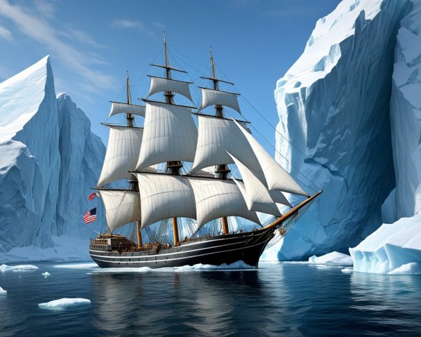Tall Ship in Icy Waters Surrounded by Glaciers