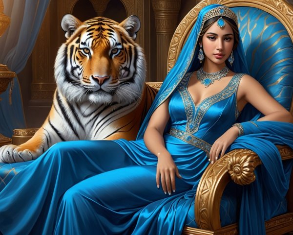 Regal Woman in Blue Gown on Golden Throne with Tiger