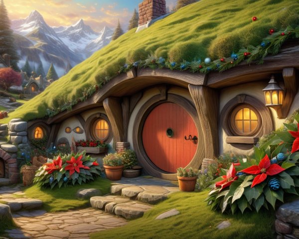 Hobbit-style home in a vibrant, lush landscape