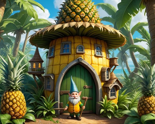 Gnome by a Pineapple-Shaped House in Tropical Setting