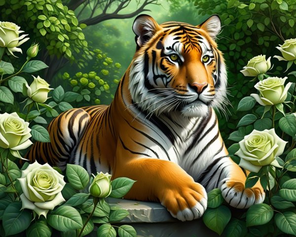 Majestic tiger resting among greenery and white roses