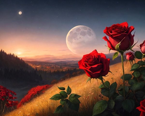 Vibrant Roses and Rolling Hills at Sunset