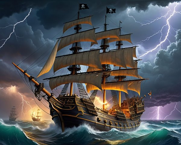 Majestic Pirate Ship Navigating Stormy Sea Scene