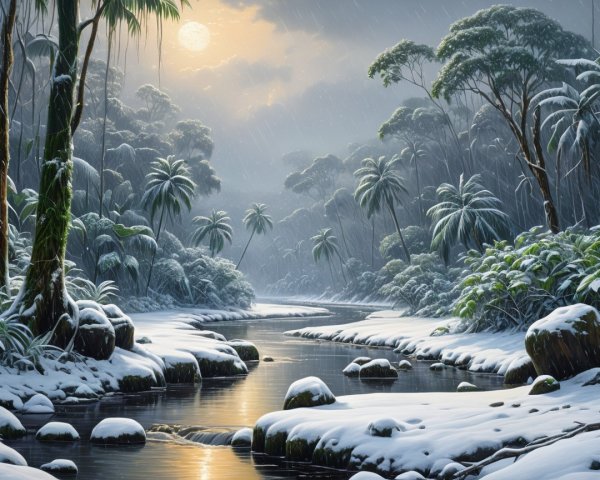 Serene Winter Landscape with Tropical River Scene