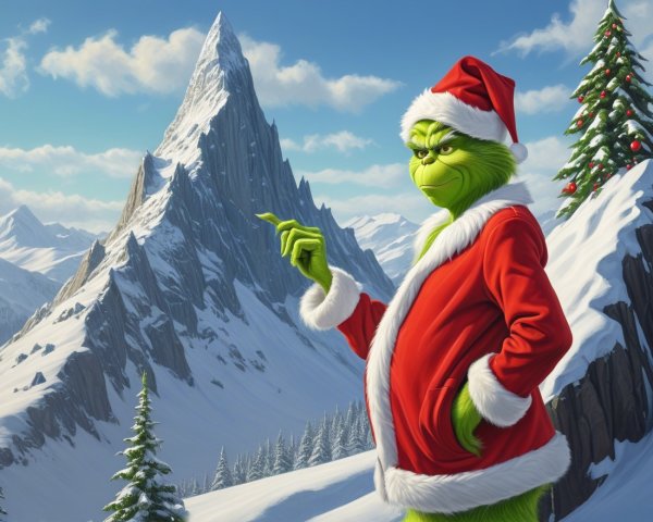 Grinch in Santa Suit on Snowy Mountain Peak