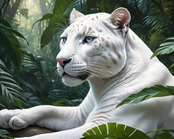 White Leopard in Lush Jungle with Striking Blue Eyes