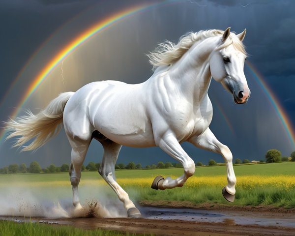 Majestic horse in green field under dramatic sky