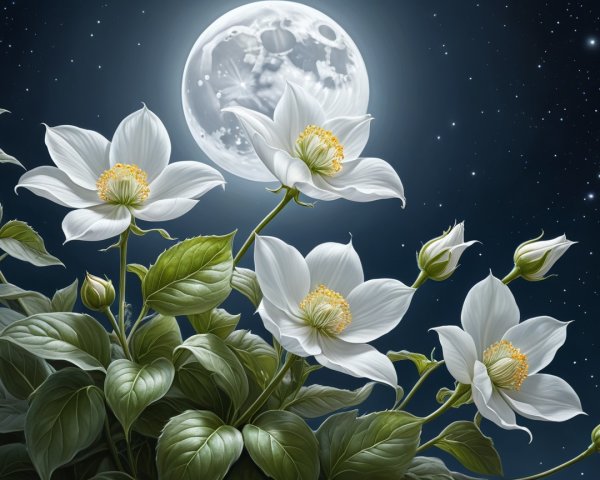 Moonlit White Flowers Against Starry Night Sky