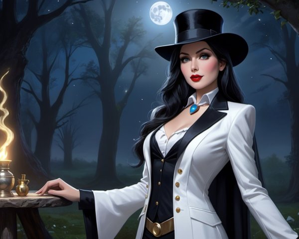 Moonlit Forest Scene with Elegant Woman and Candlelight