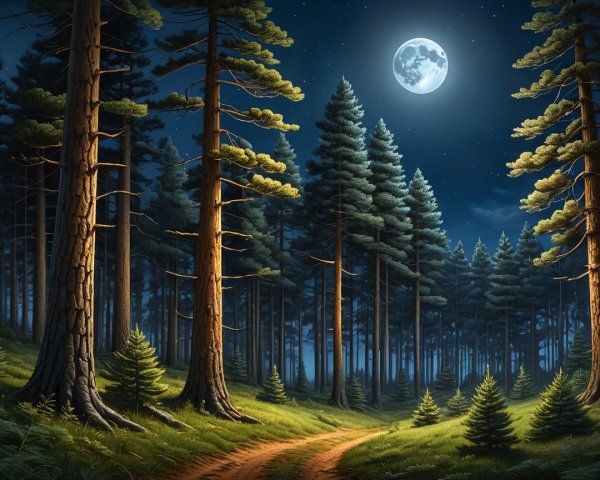 Serene Forest Scene Under a Glowing Full Moon