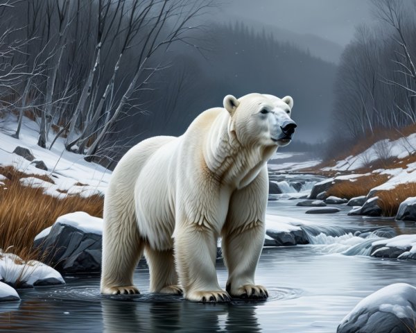 Polar Bear in Serene Winter Landscape by Stream
