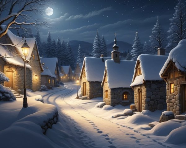 Moonlit Winter Village with Snowy Cottages and Trees