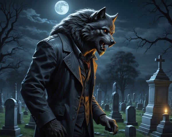 Menacing Werewolf in Moonlit Graveyard Scene