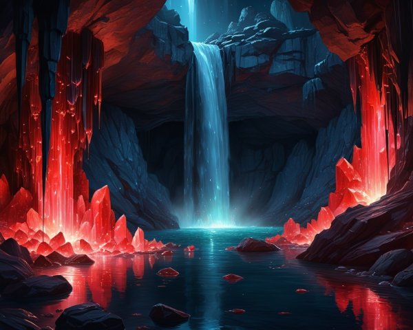 Underground cave with waterfall and glowing red crystals