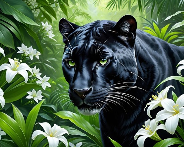 Black Panther in Lush Greenery with White Lilies