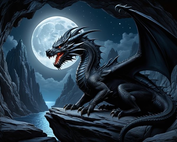 Black dragon on rocky outcrop in moonlit cave