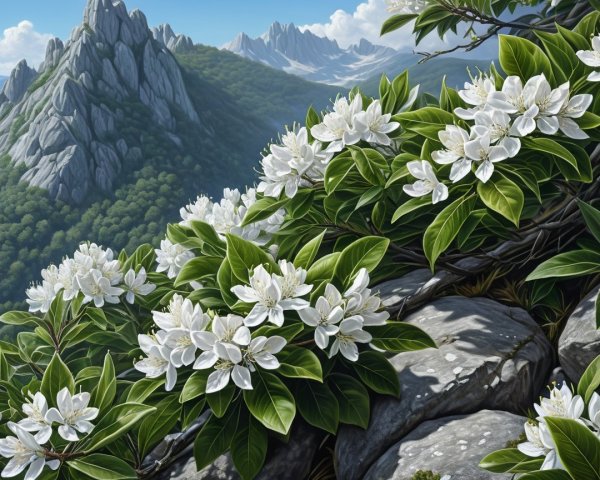 Vibrant White Flowers Against Rugged Mountain Landscape
