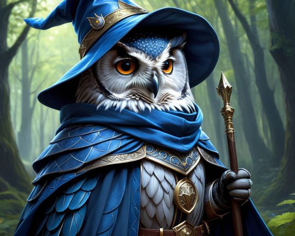 Majestic owl in wizard attire in enchanted forest