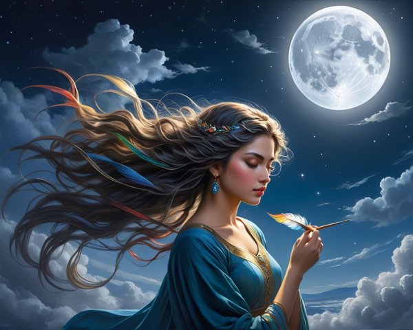 Ethereal Woman with Feather Under Full Moonlight