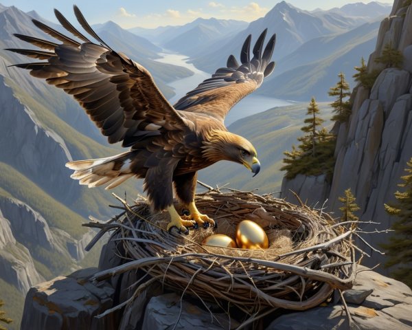 Golden eagle in nest on rocky cliff with eggs