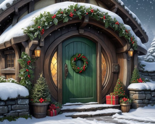 Cozy Hobbit Hole Decorated for Christmas in Snow