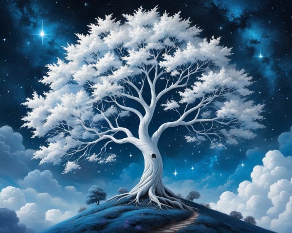 White Tree on Hill Under Cosmic Blue Sky