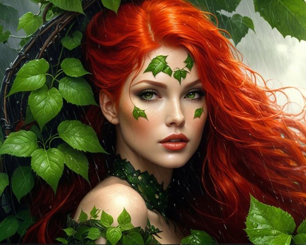 Woman with Red Hair and Ivy in Enchanted Forest