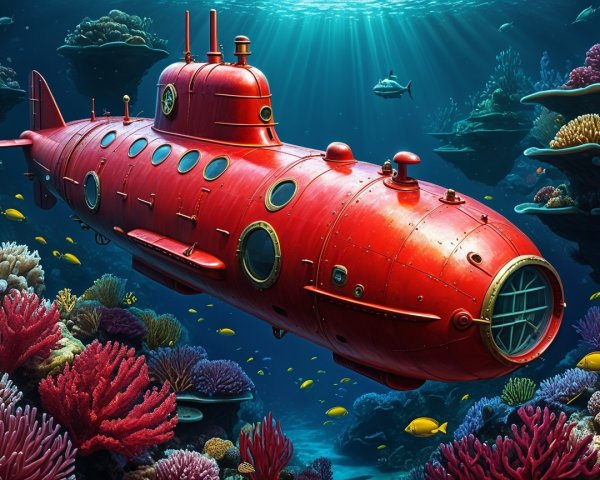 Bright Red Submarine in Colorful Underwater Scene