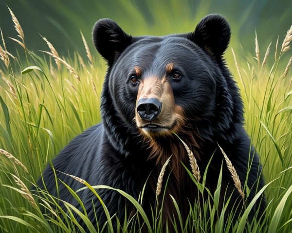 Black bear in a green meadow with tall grass