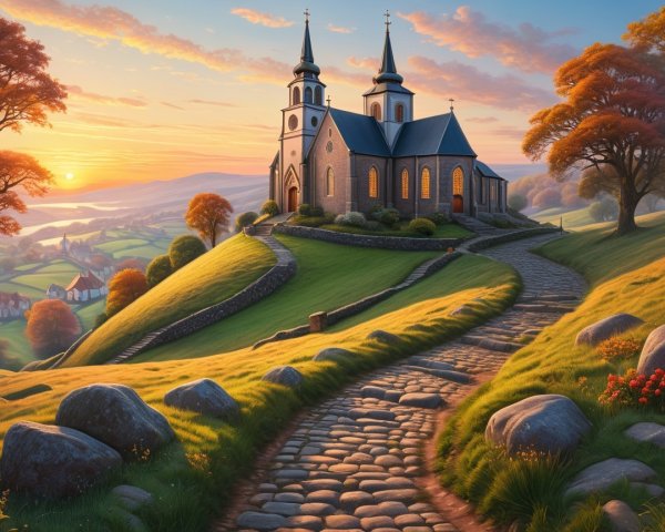 Church on a Hill Surrounded by Autumn Landscape
