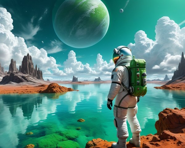 Astronaut on Alien Landscape with Turquoise Lake