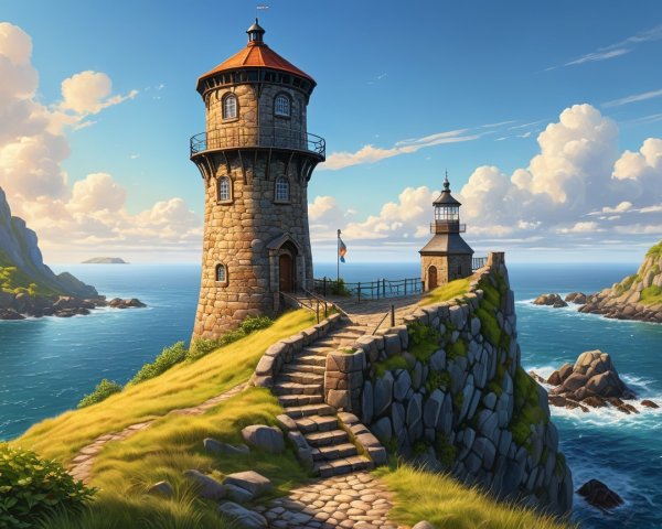 Lighthouse on Cliff with Ocean and Lush Greenery