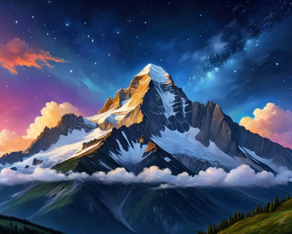 Snow-Capped Mountain Peak Under Starry Night Sky