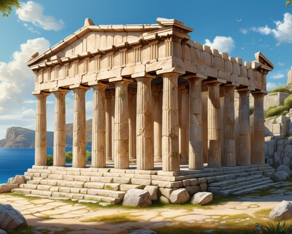 Ancient Temple on Rocky Shoreline with Towering Columns