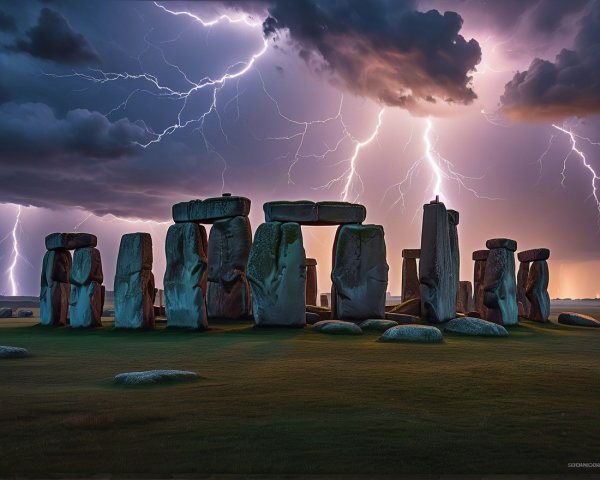 Stonehenge Under Stormy Sky with Lightning Strikes