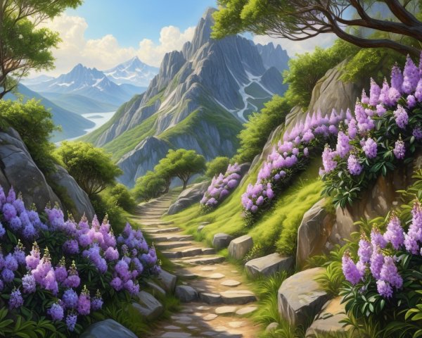 Mountain Landscape with Stone Path and Purple Flowers