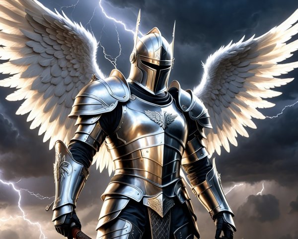 Armored knight with wings under stormy sky backdrop