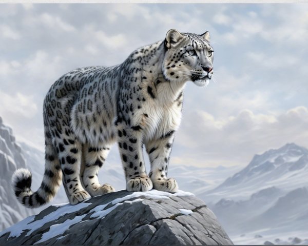 Snow Leopard on Rocky Outcrop in Mountain Landscape