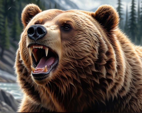 Brown Bear Roaring in Forest Landscape with River