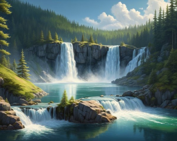 Majestic Waterfalls and Tranquil Turquoise Lake Landscape