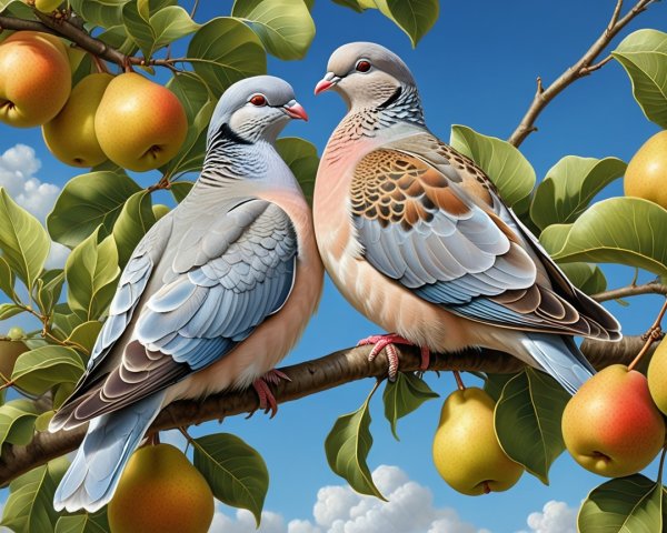 Doves on a Branch Amidst Green Leaves and Blue Sky
